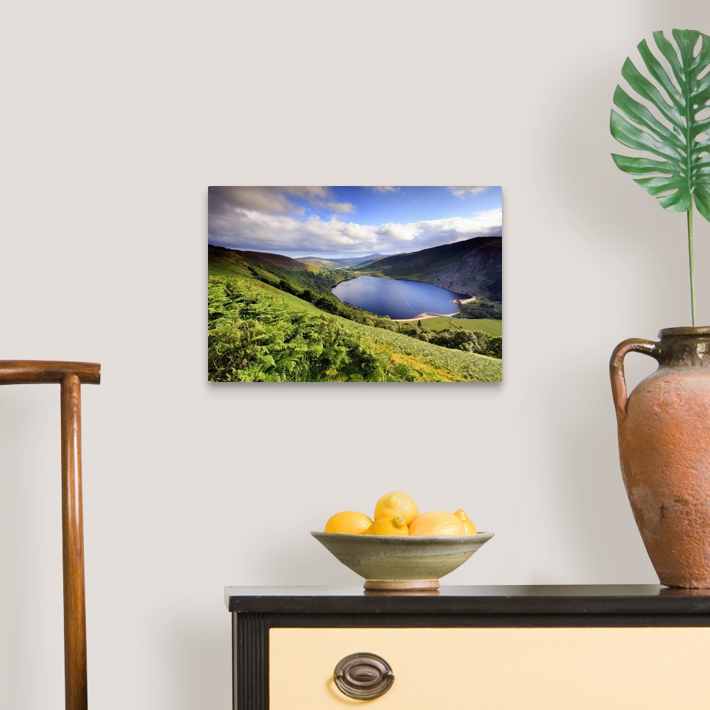 A traditional room featuring Europe, Ireland, Wicklow, blue lake near Sally's Gap at sunset