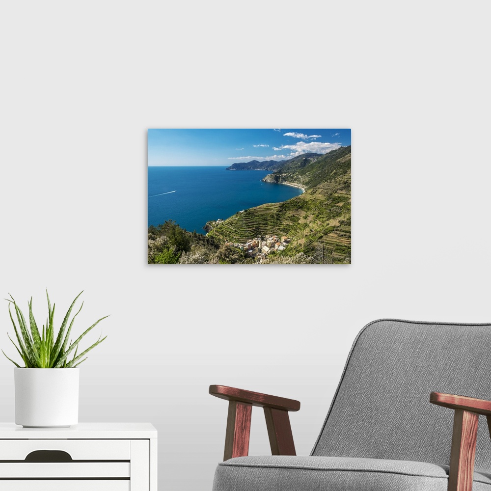 A modern room featuring Europe, Italy, Liguria. View over Manarola, Cinque Terre.