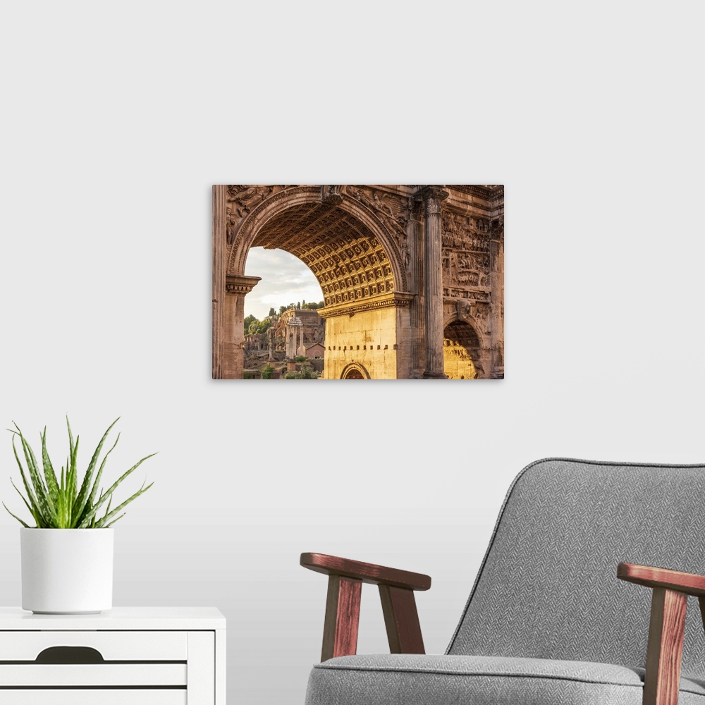 A modern room featuring Europe, Italy, Rome. The arch of Septimus Severus in the Forum Romanum at sunrise.