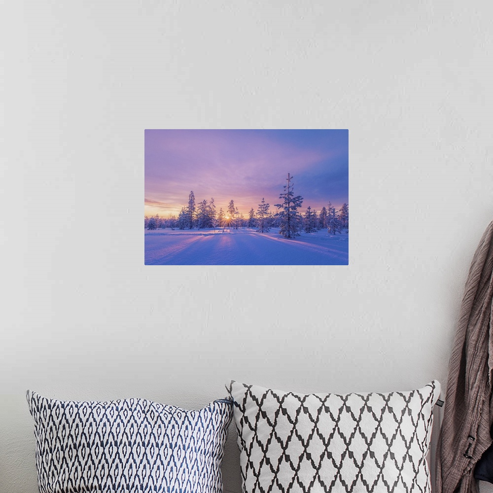 A bohemian room featuring Europe, Lapland, Finland, sunset on the woods in Rovaniemi area. Lapland, Western Europe, Finland.