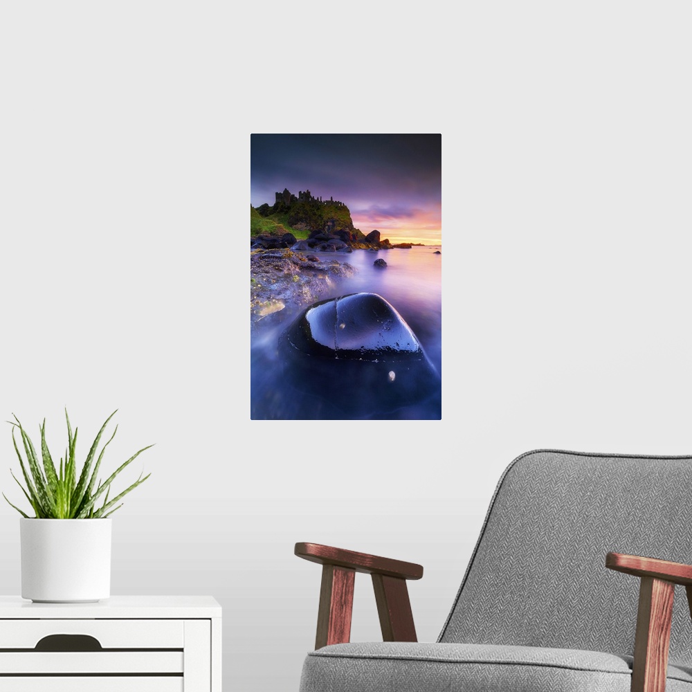 A modern room featuring Europe, Northern Ireland Dunluce Castle at sunset