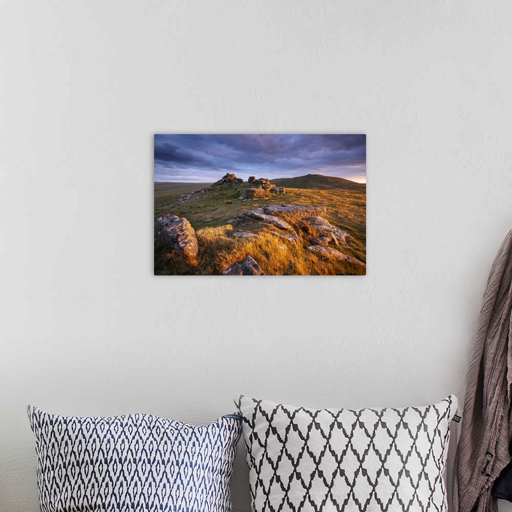 A bohemian room featuring Late summer evening sunlight glowing on the granite outcrops of West Mill Tor in Dartmoor Nationa...