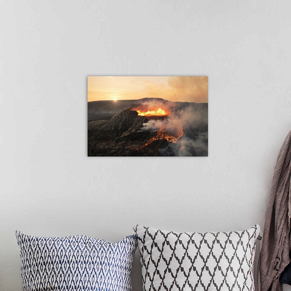 A bohemian room featuring Fagradalsfjall volcano during an eruption, Sudurnes, Iceland.