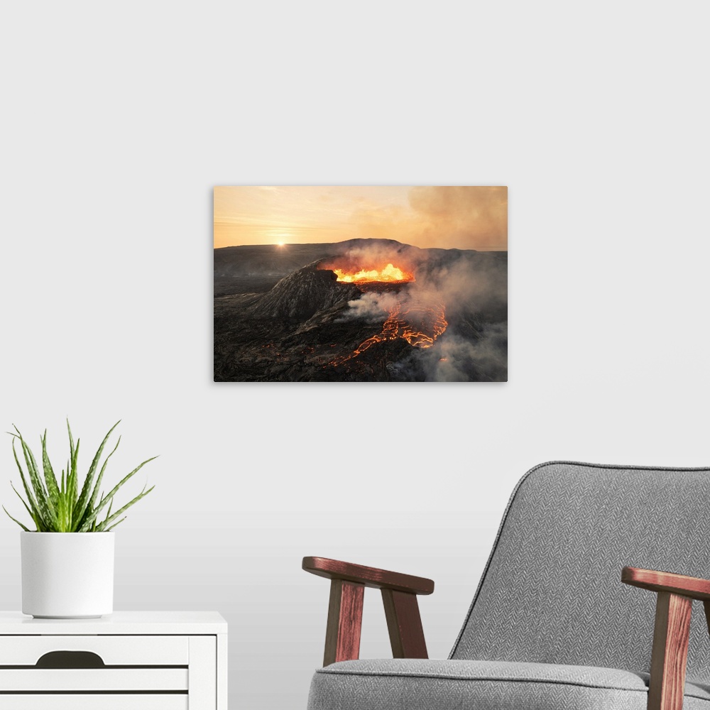 A modern room featuring Fagradalsfjall volcano during an eruption, Sudurnes, Iceland.
