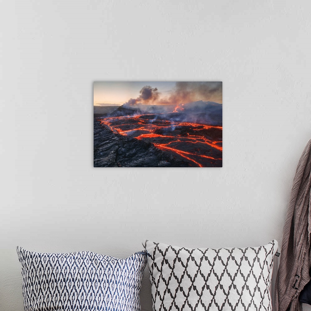 A bohemian room featuring Fagradalsfjall volcano eruption. Geldingaldalir, Reykjanes Peninsula, Iceland.