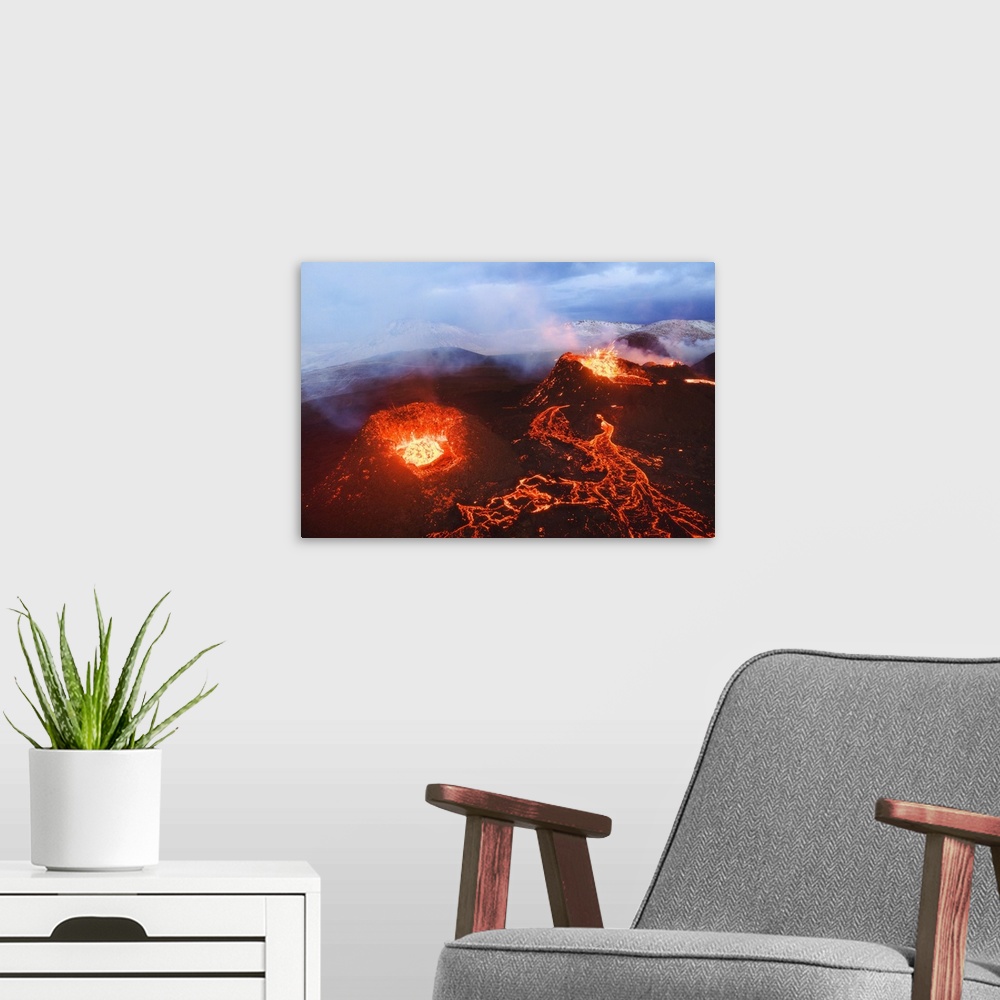 A modern room featuring Fagradalsfjall volcano eruption. Geldingaldalir, Reykjanes Peninsula, Iceland.