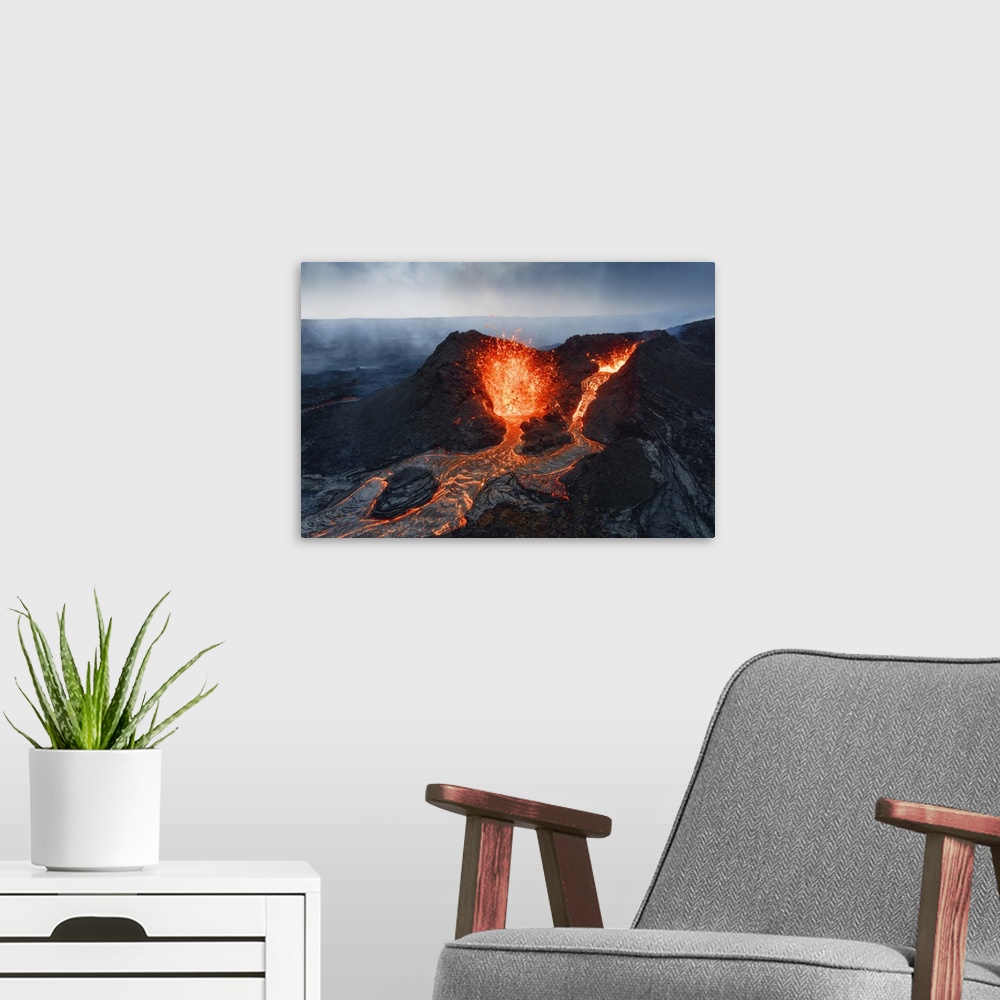 A modern room featuring Fagradalsfjall volcano eruption. Geldingaldalir, Reykjanes Peninsula, Iceland.
