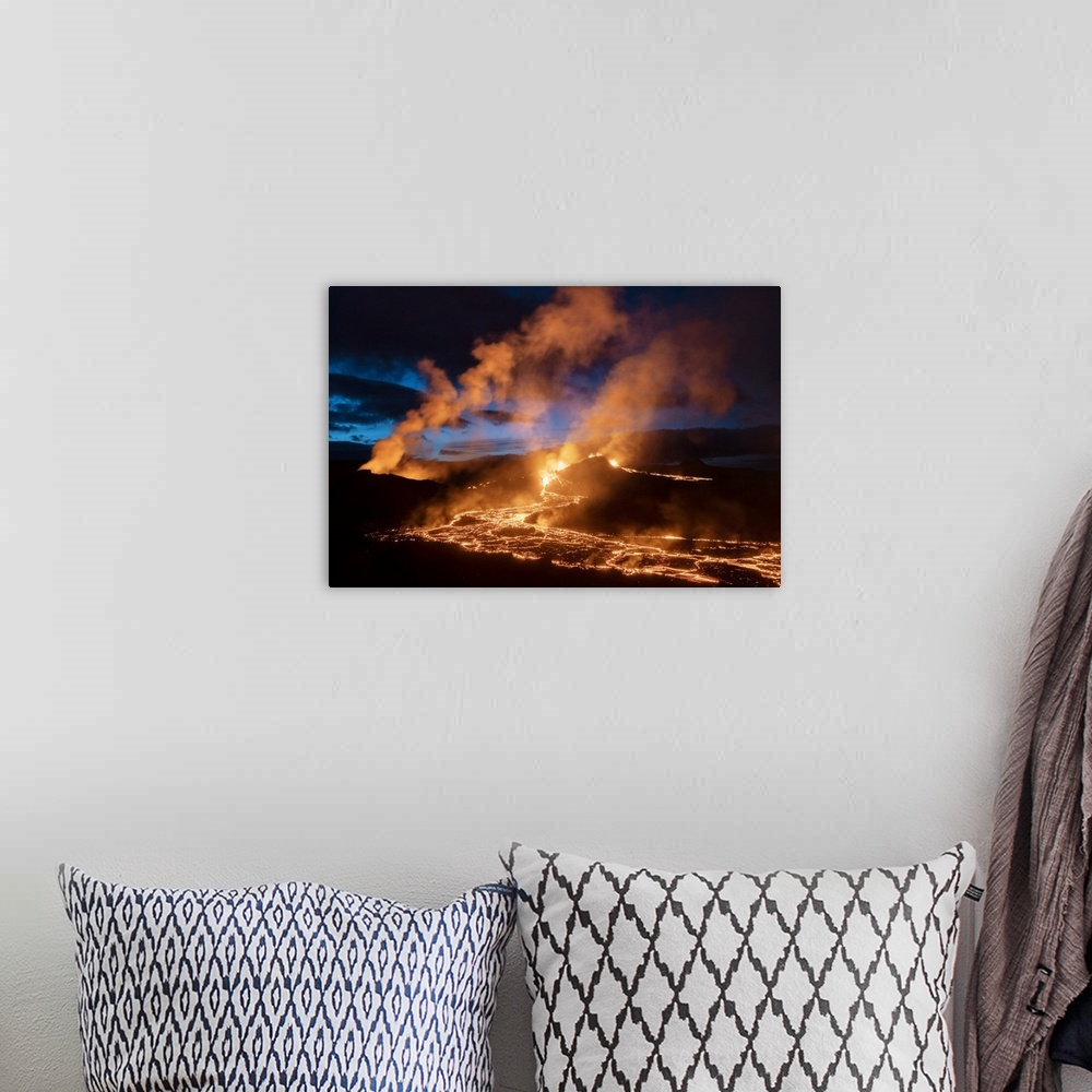 A bohemian room featuring Fagradalsfjall volcano eruption. Geldingaldalir, Reykjanes Peninsula, Iceland.
