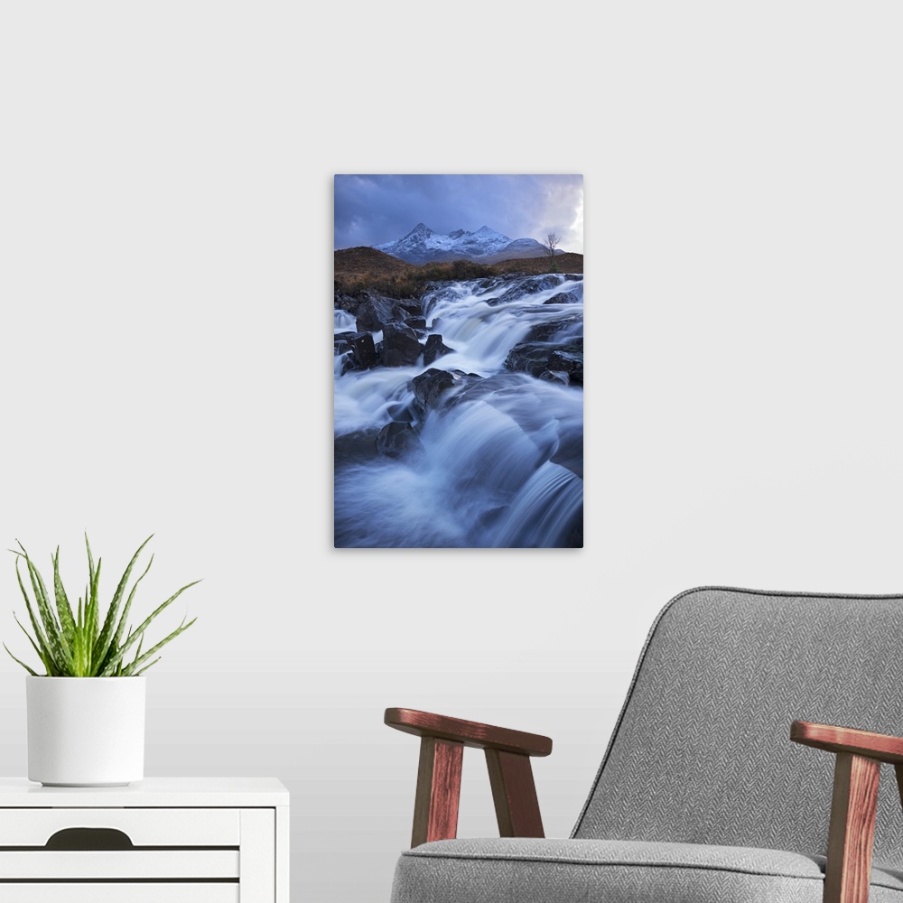 A modern room featuring Waterfall on the River Sligachan with Sgurr nan Gillean mountain in the background, Isle of Skye,...