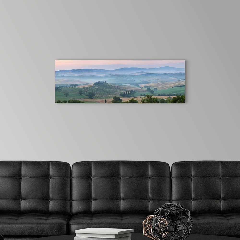 A modern room featuring Farmhouse in valley at daybreak, Val d' Orcia, Tuscany, Italy