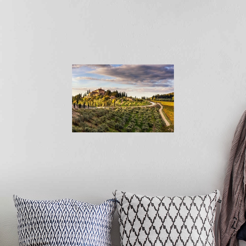 A bohemian room featuring Farmhouse Surrounded By Vineyards At Sunrise. Gaiole In Chianti, Siena Province, Tuscany, Italy.