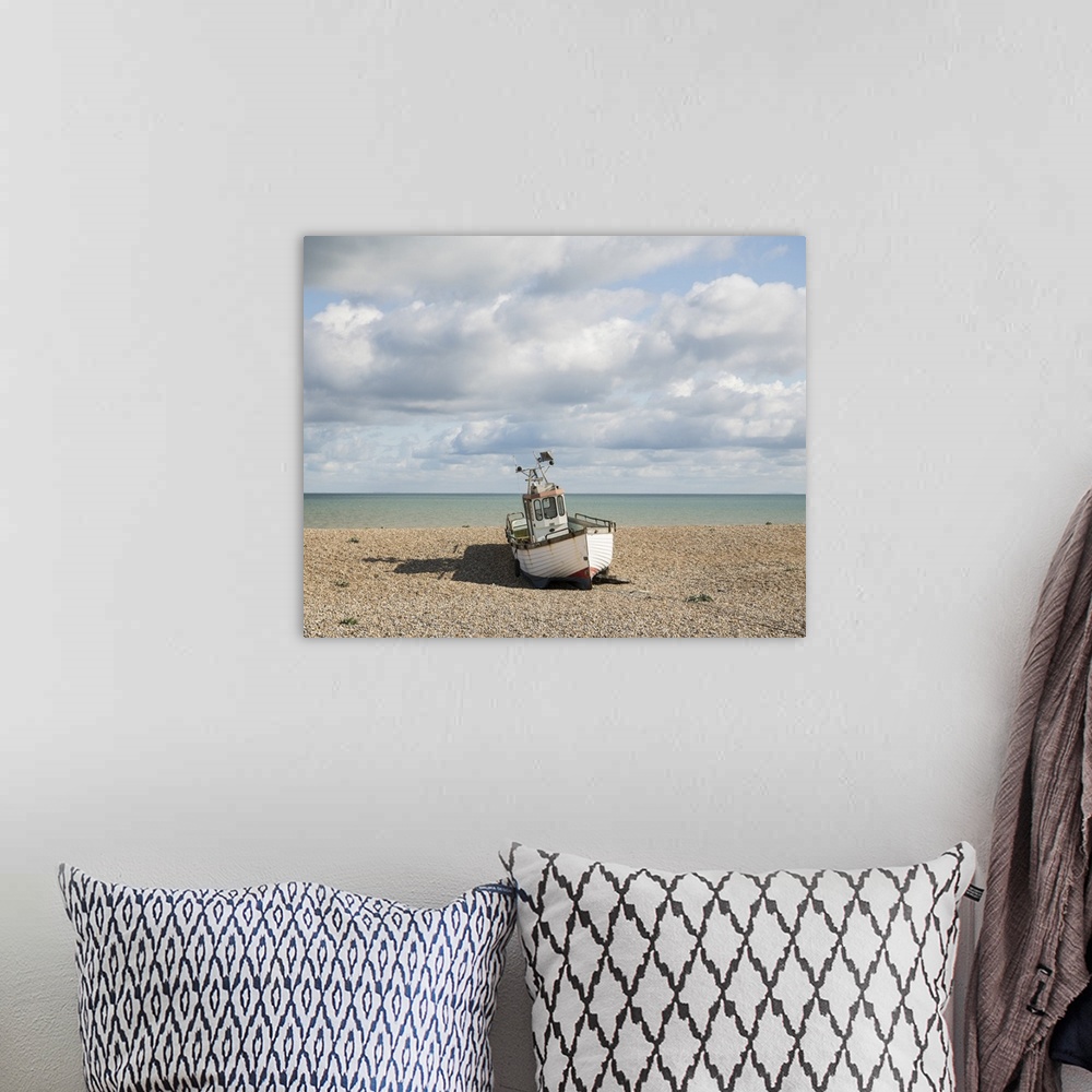 A bohemian room featuring Fishing Boat on Beach, Dungeness, Kent, England, UK