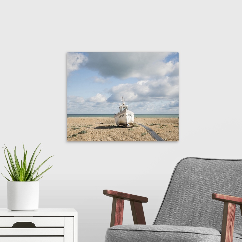 A modern room featuring Fishing Boat on Beach, Dungeness, Kent, England, UK