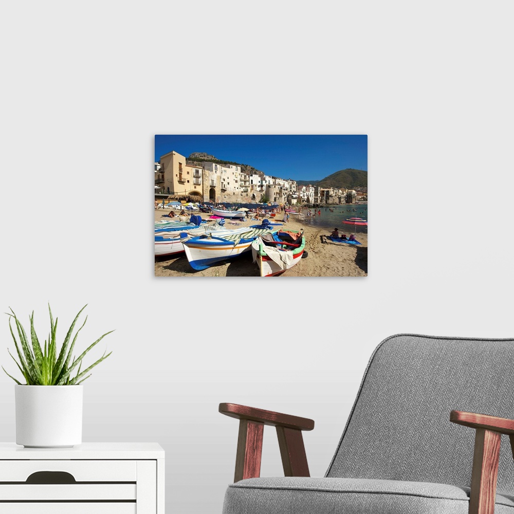 A modern room featuring Fishing boats, Cefalu, Sicily, Italy