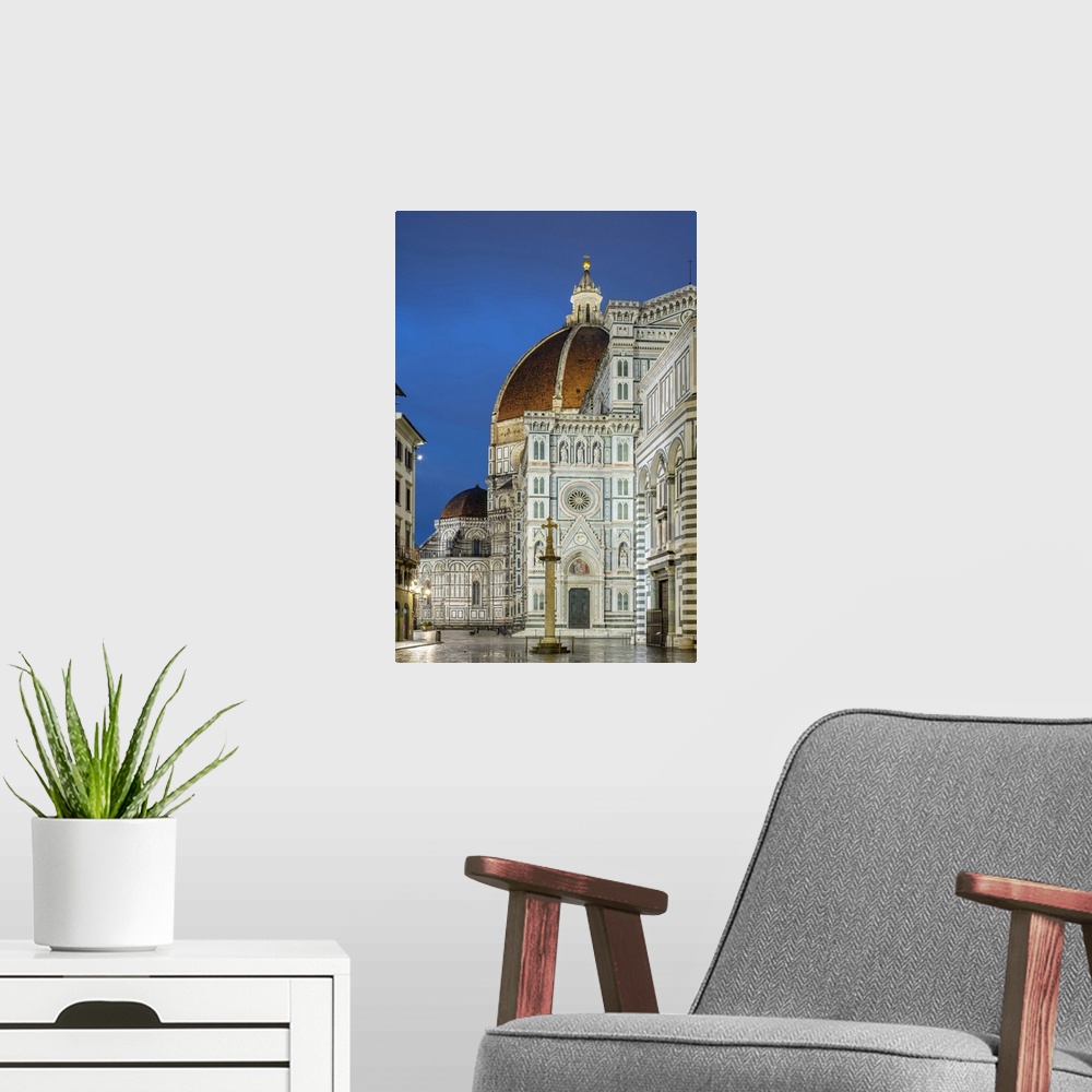 A modern room featuring Florence Cathedral (Duomo di Firenze) and Baptistery of Saint John at dawn. UNESCO World Heritage...