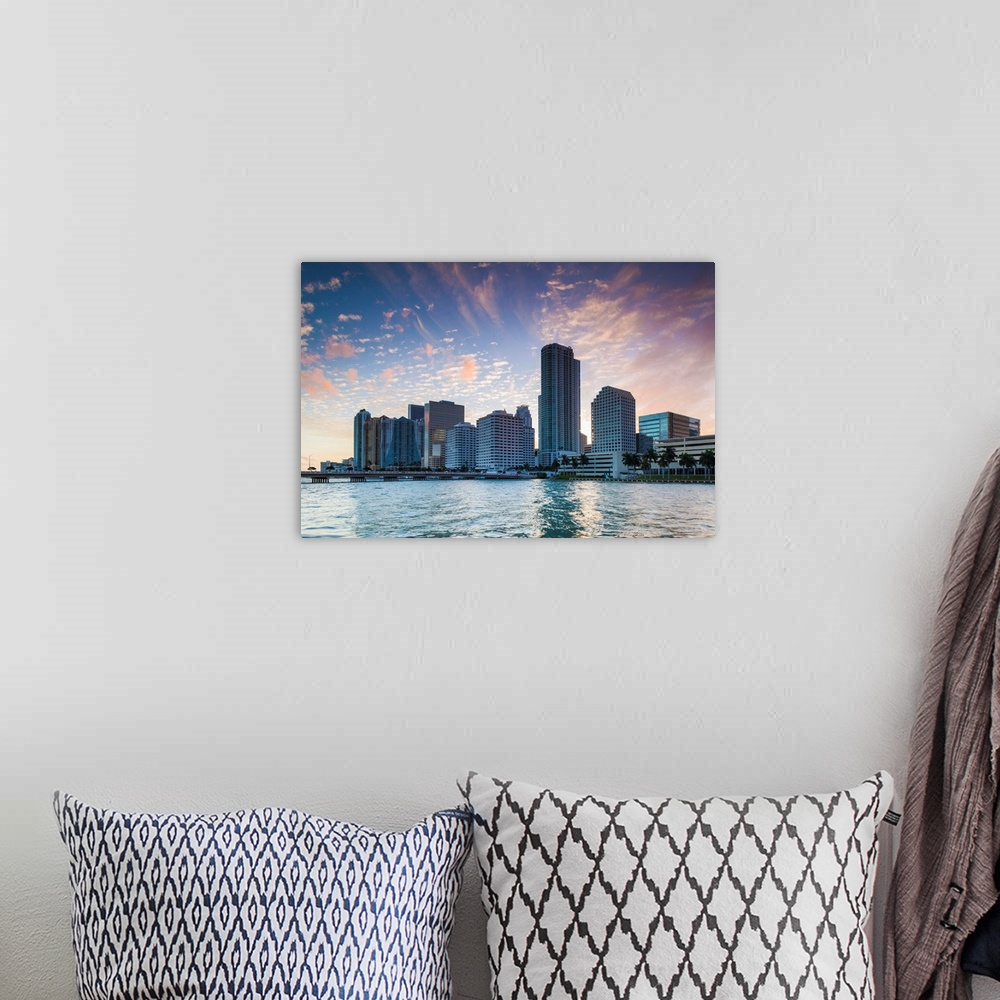 A bohemian room featuring USA, Florida, Miami, city skyline from Brickell Key, dusk