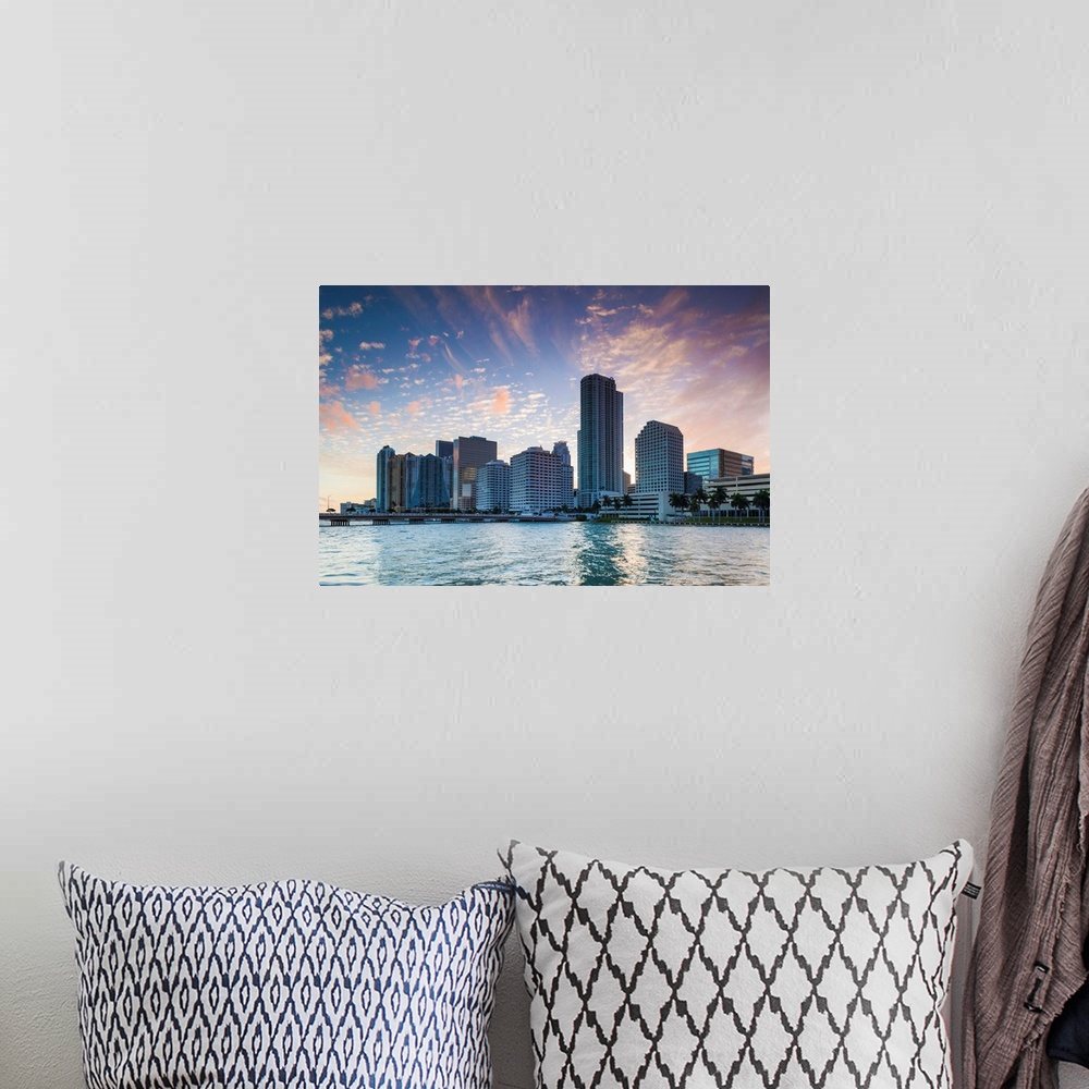 A bohemian room featuring USA, Florida, Miami, city skyline from Brickell Key, dusk