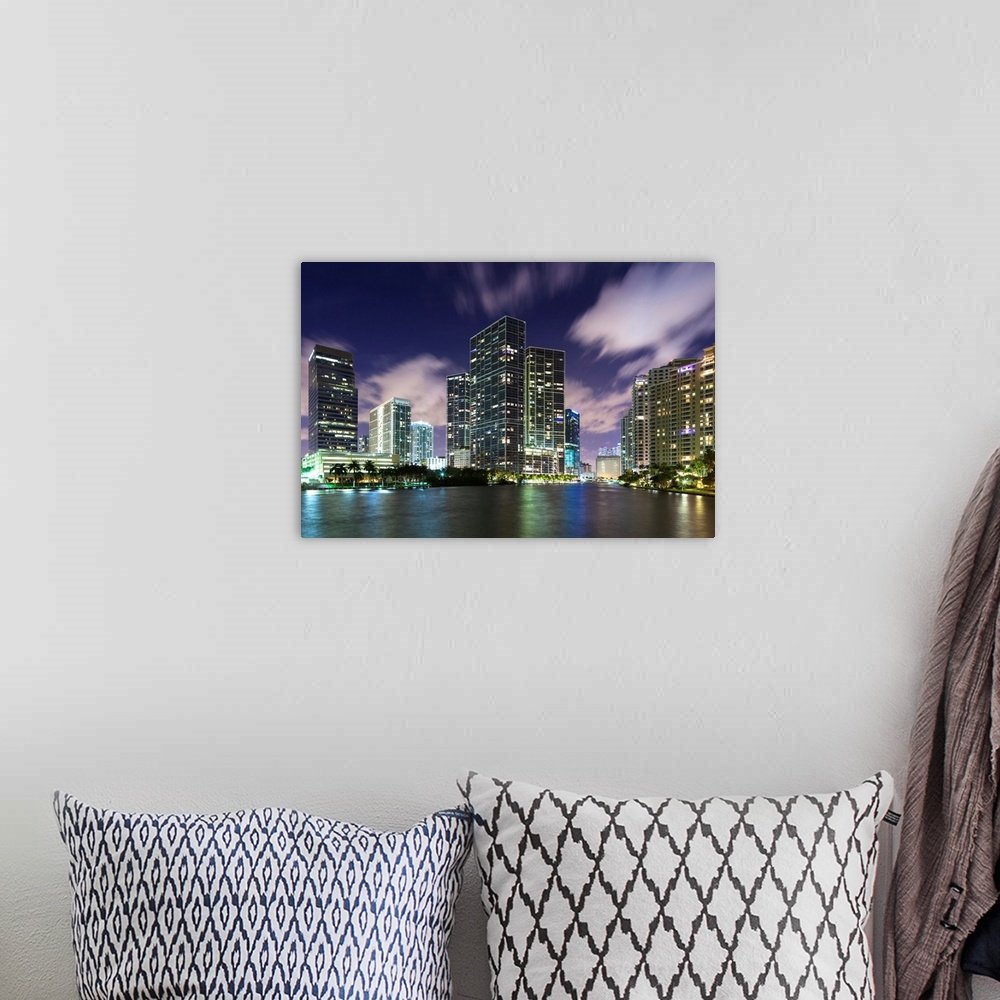 A bohemian room featuring USA, Florida, Miami, city skyline from Brickell Key, evening