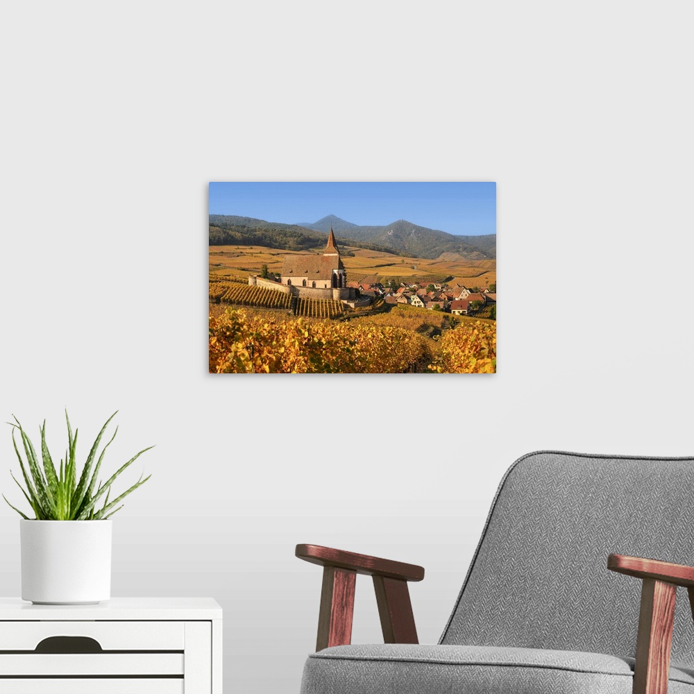 A modern room featuring Fortified church of Saint Jacques, Hunawihr, Alsace, Alsatian Wine Route, Haut-Rhin, France.