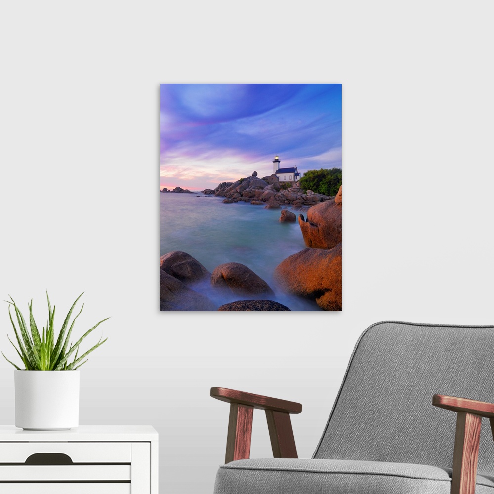 A modern room featuring France, Brittany, Finistere, Brignogan Plages, Pontusval Lighthouse on Pointe de Beg Pol at dusk.
