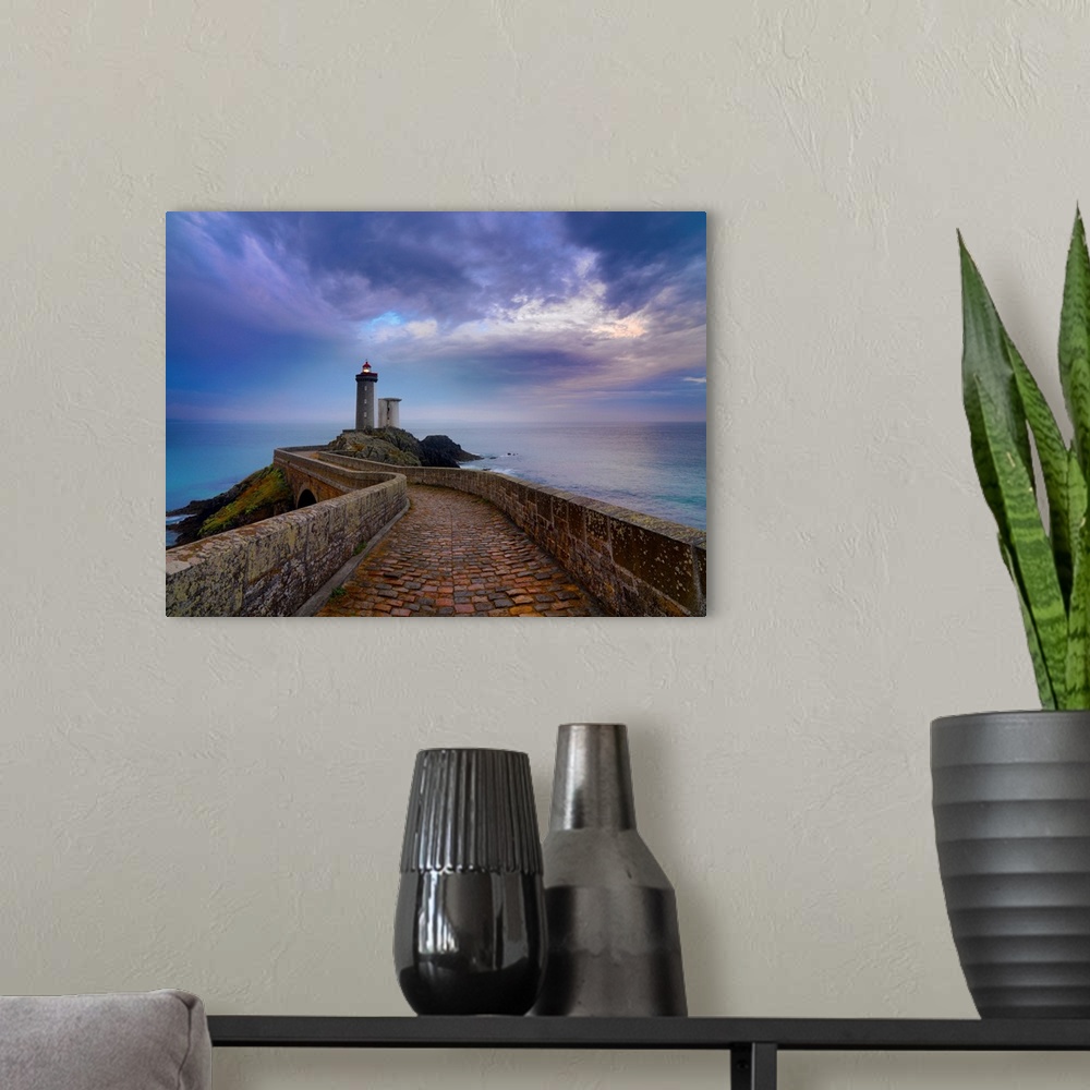 A modern room featuring France, Brittany, Finistere, Iroise Sea, Plouzane, Petit Minou Lighthouse at dusk.