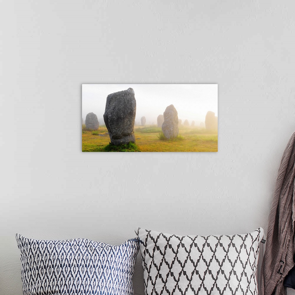 A bohemian room featuring France, Brittany, Morbihan, Carnac, megalithic menhir alignments of Menec in fog.