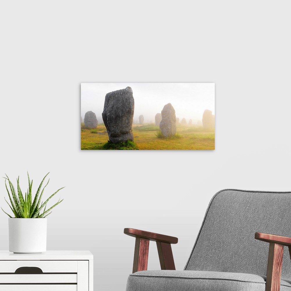 A modern room featuring France, Brittany, Morbihan, Carnac, megalithic menhir alignments of Menec in fog.