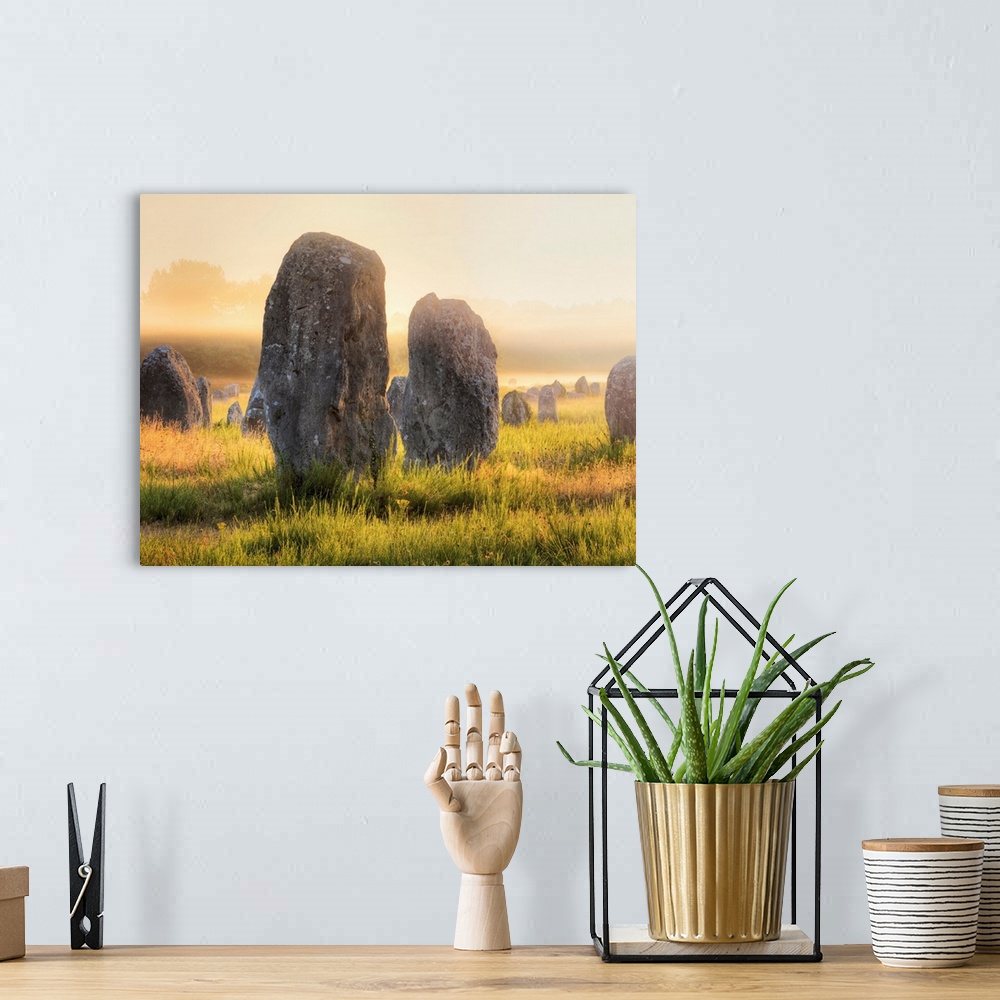 A bohemian room featuring France, Brittany, Morbihan, Carnac, megalithic menhir alignments of Menec in fog.