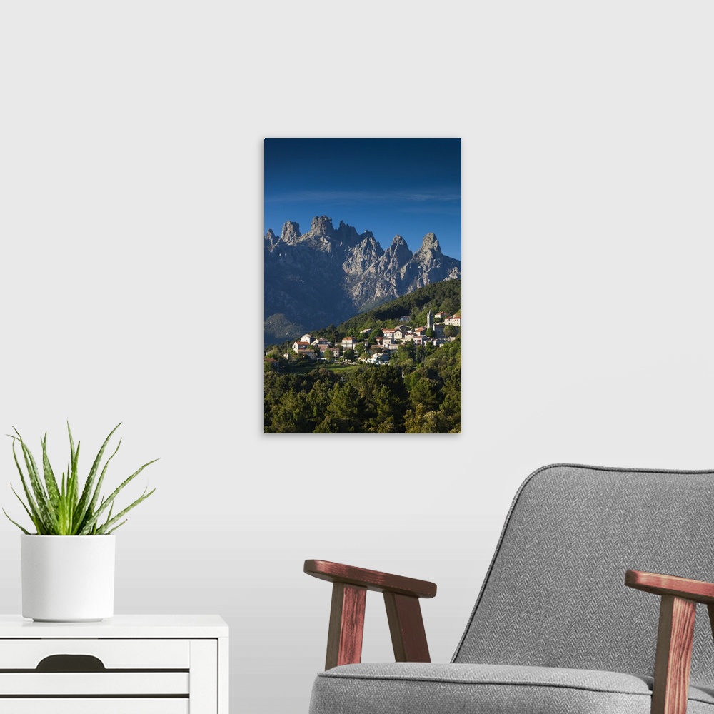 A modern room featuring France, Corsica, Corse-du-Sud Department, La Alta Rocca Region, Zonza, elevated town view with th...