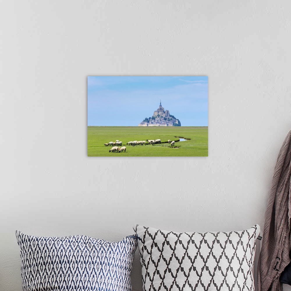 A bohemian room featuring France, Normandy (Normandie), Manche department, sheep grazing in front of Le Mont-Saint-Miichel.