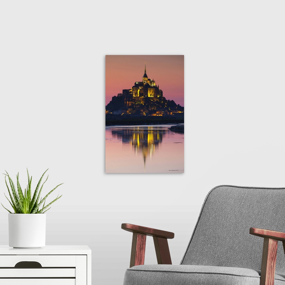 A modern room featuring France, Normandy Region, Manche Department, Mont St-Michel, dusk