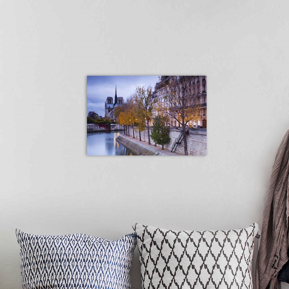 A bohemian room featuring France, Paris, Cathedral Notre Dame cathedral and Ile St-Louis, dawn