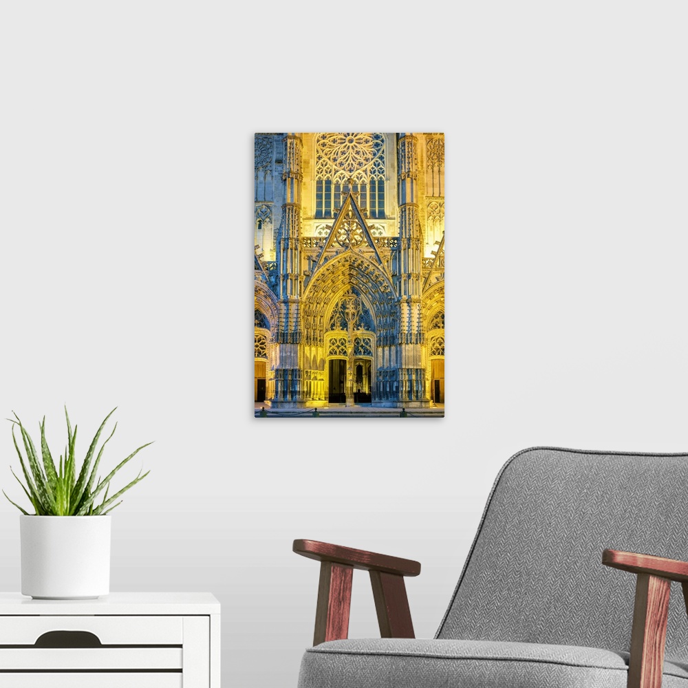 A modern room featuring Front facade of Cathedrale Saint-Gatien cathedral at night, Tours, Indre-et-Loire, Centre, France.
