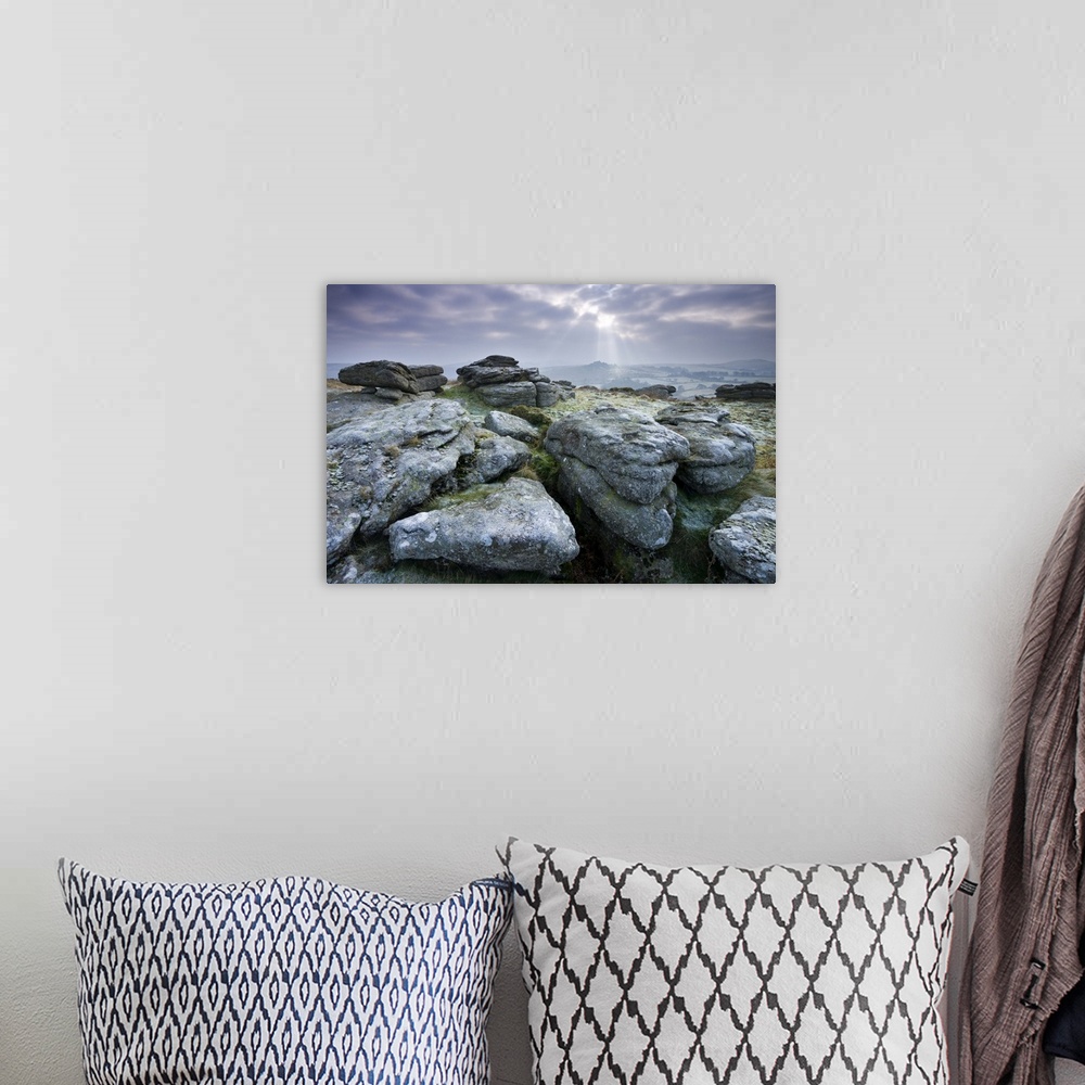 A bohemian room featuring Frosted granite outcrop on Hayne Down, looking towards Hound Tor, Dartmoor National Park, Devon, ...