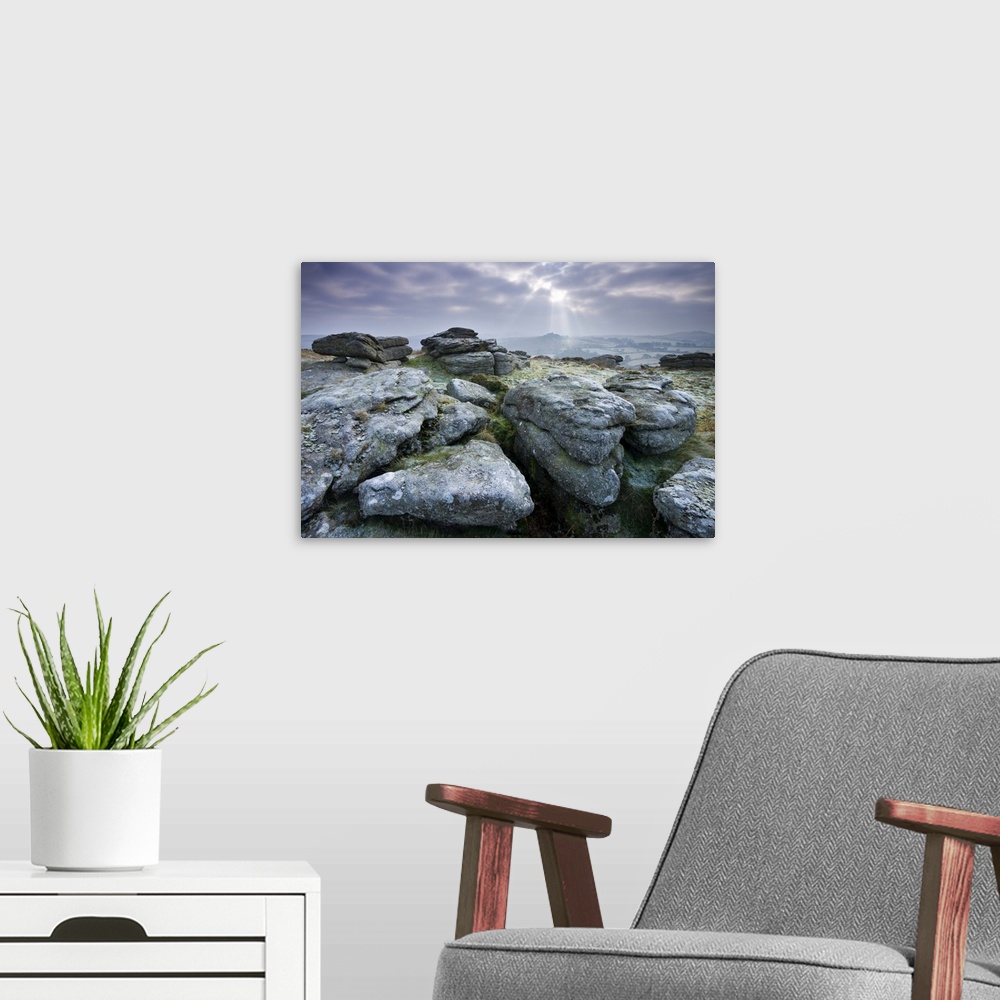 A modern room featuring Frosted granite outcrop on Hayne Down, looking towards Hound Tor, Dartmoor National Park, Devon, ...