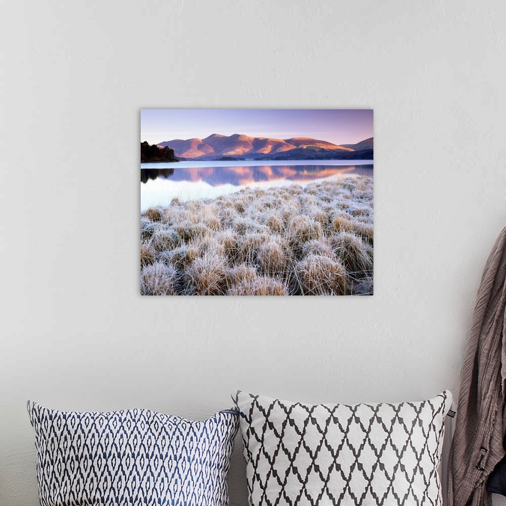A bohemian room featuring Frosted Grasses And Skiddaw Reflecting In Derwent Water, Lake District National Park, Cumbria, En...