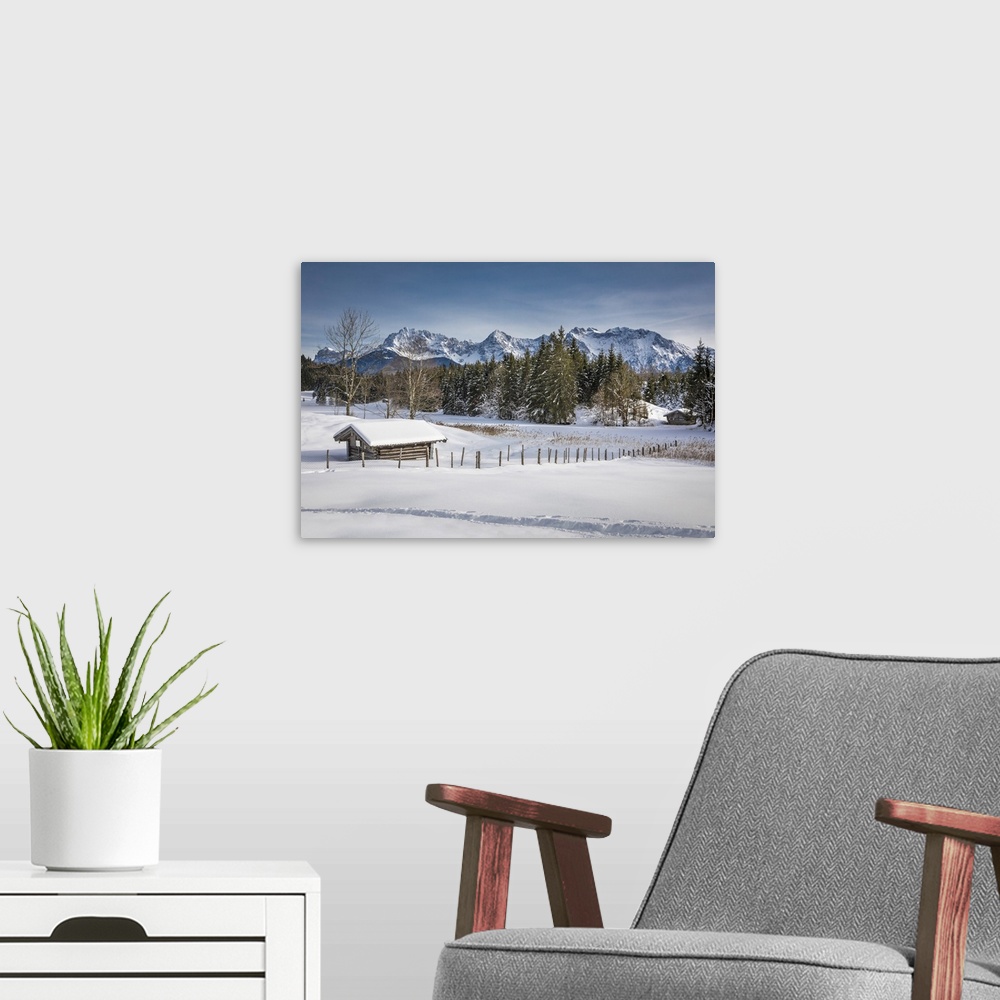 A modern room featuring Frozen lake Geroldsee near Kruen, Upper Bavaria, Bavaria, Germany.