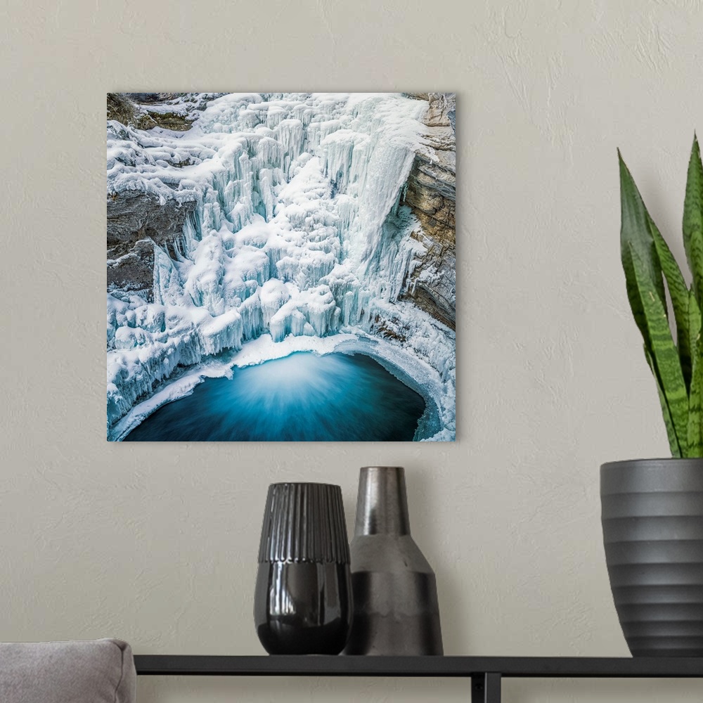 A modern room featuring Frozen Lower Johnston Canyon Falls In Winter, Banff National Park, Alberta, Canada