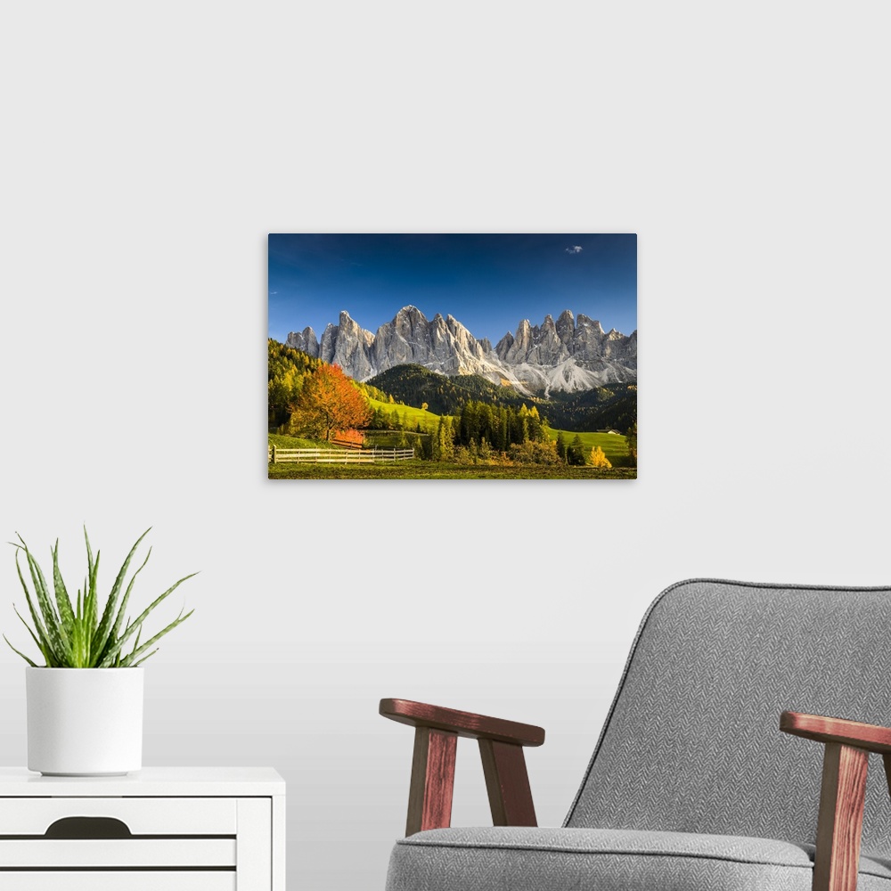 A modern room featuring Funes Valley, Odle, dolomites, Alto Adige, Italy.
