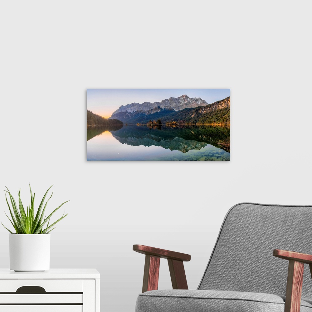 A modern room featuring Garmisch Partenkirchen, Bavaria, Germany, Europe. Eibsee Lake At Sunrise
