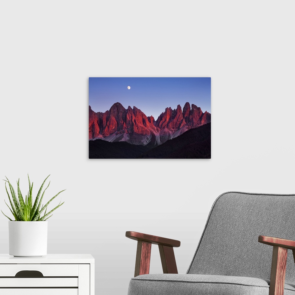 A modern room featuring Geisler Peaks with full moon. Italy, Trentino-Alto Adige, South Tyrol, Puez-Geisler Nature Park, ...