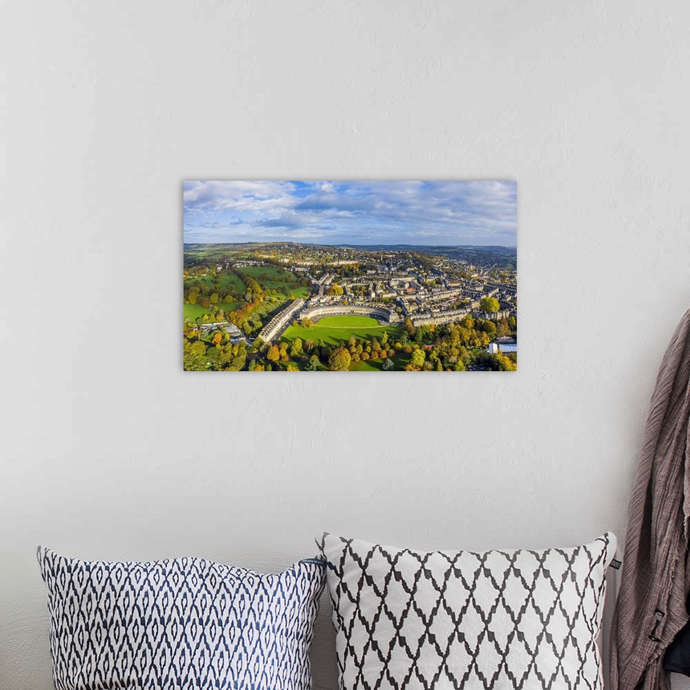 A bohemian room featuring Aerial view over the Georgian city of Bath, Royal Victoria Park and Royal Cresent, Somerset, England