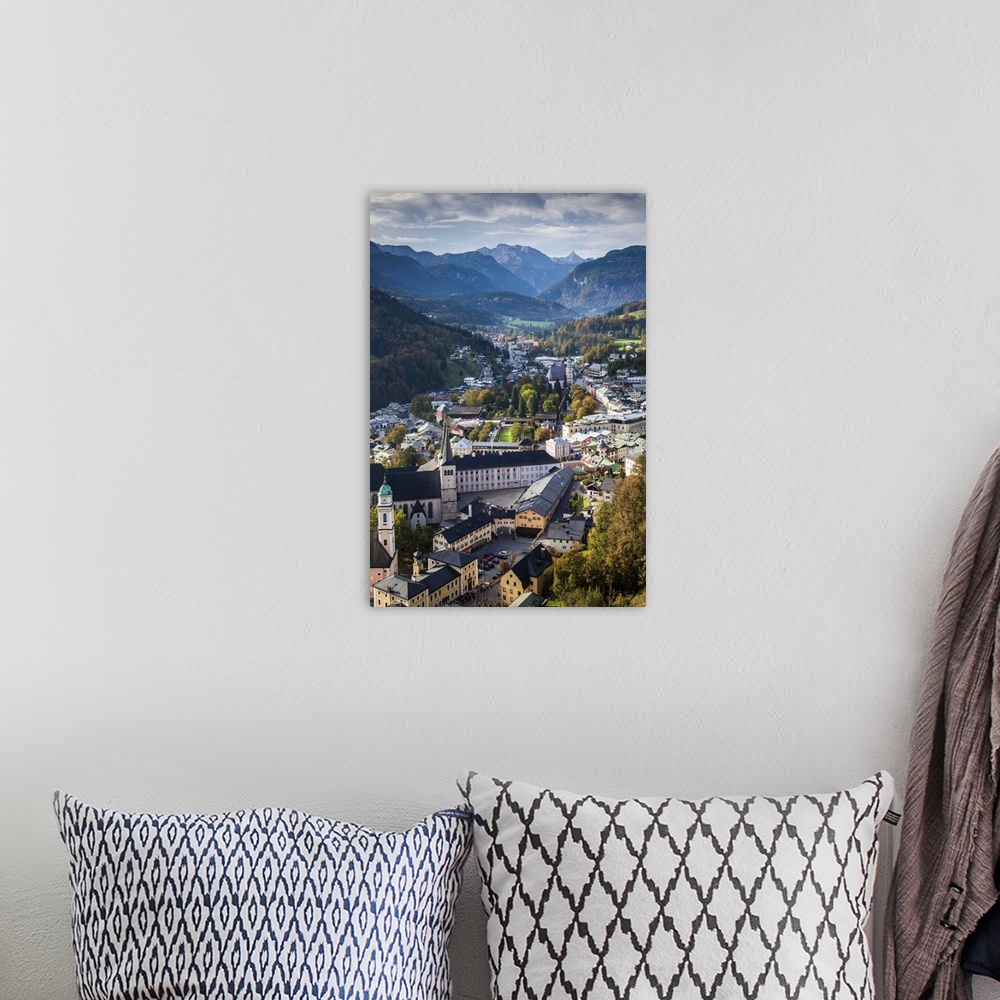 A bohemian room featuring Germany, Bavaria, Berchtesgaden, elevated town view with mountains.