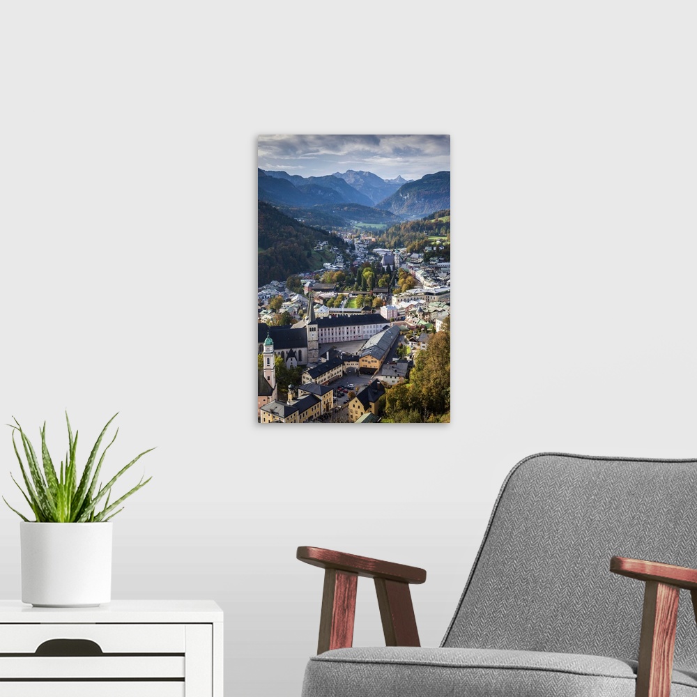 A modern room featuring Germany, Bavaria, Berchtesgaden, elevated town view with mountains.