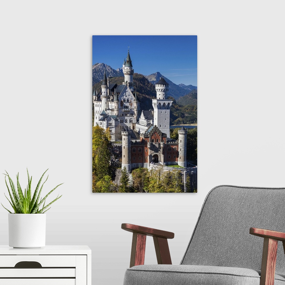 A modern room featuring Germany, Bavaria, Hohenschwangau, Schloss Neuschwanstein castle, elevated view, fall.