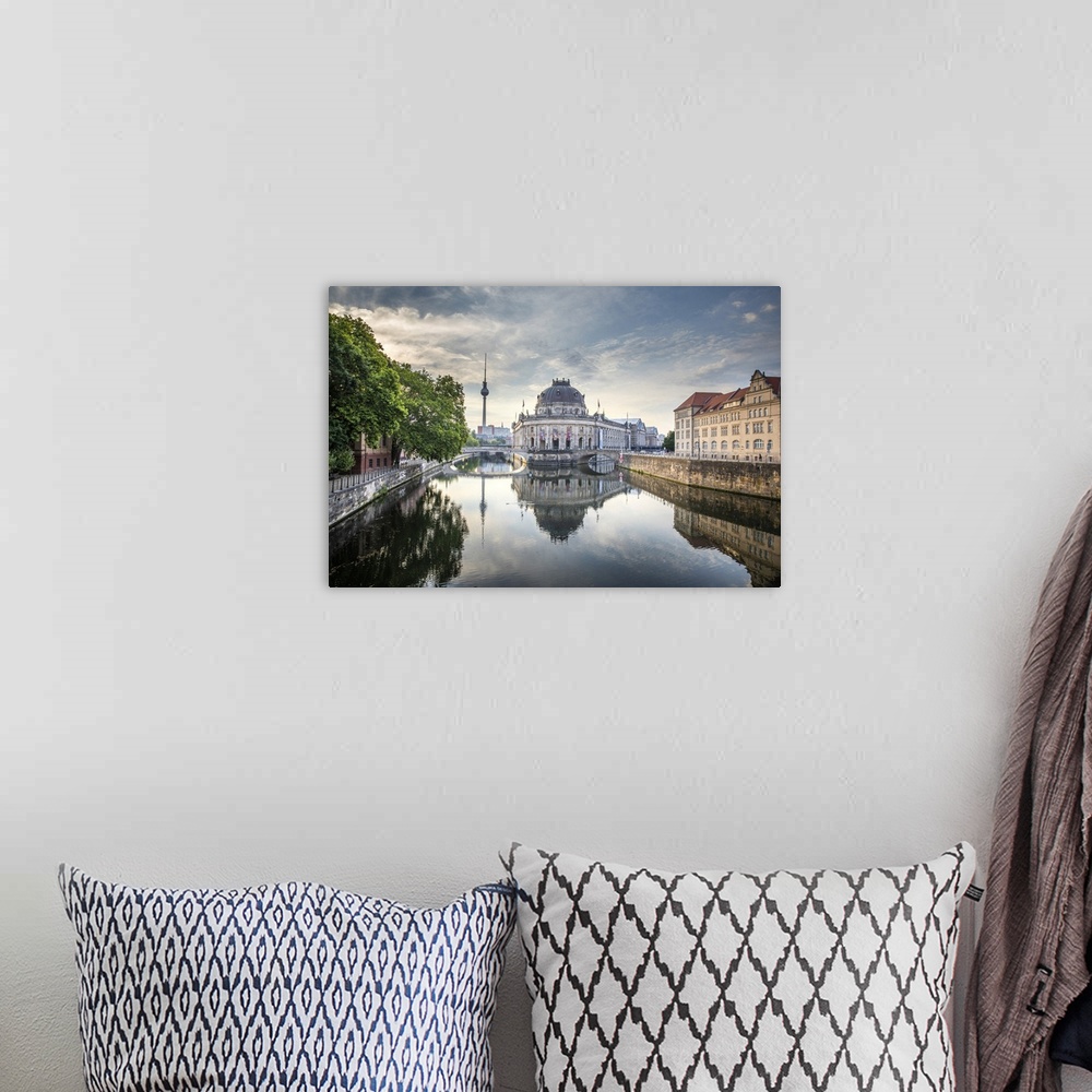 A bohemian room featuring Germany, Berlin, Museum Island, Spree River, baroque style Bode museum and the tv tower