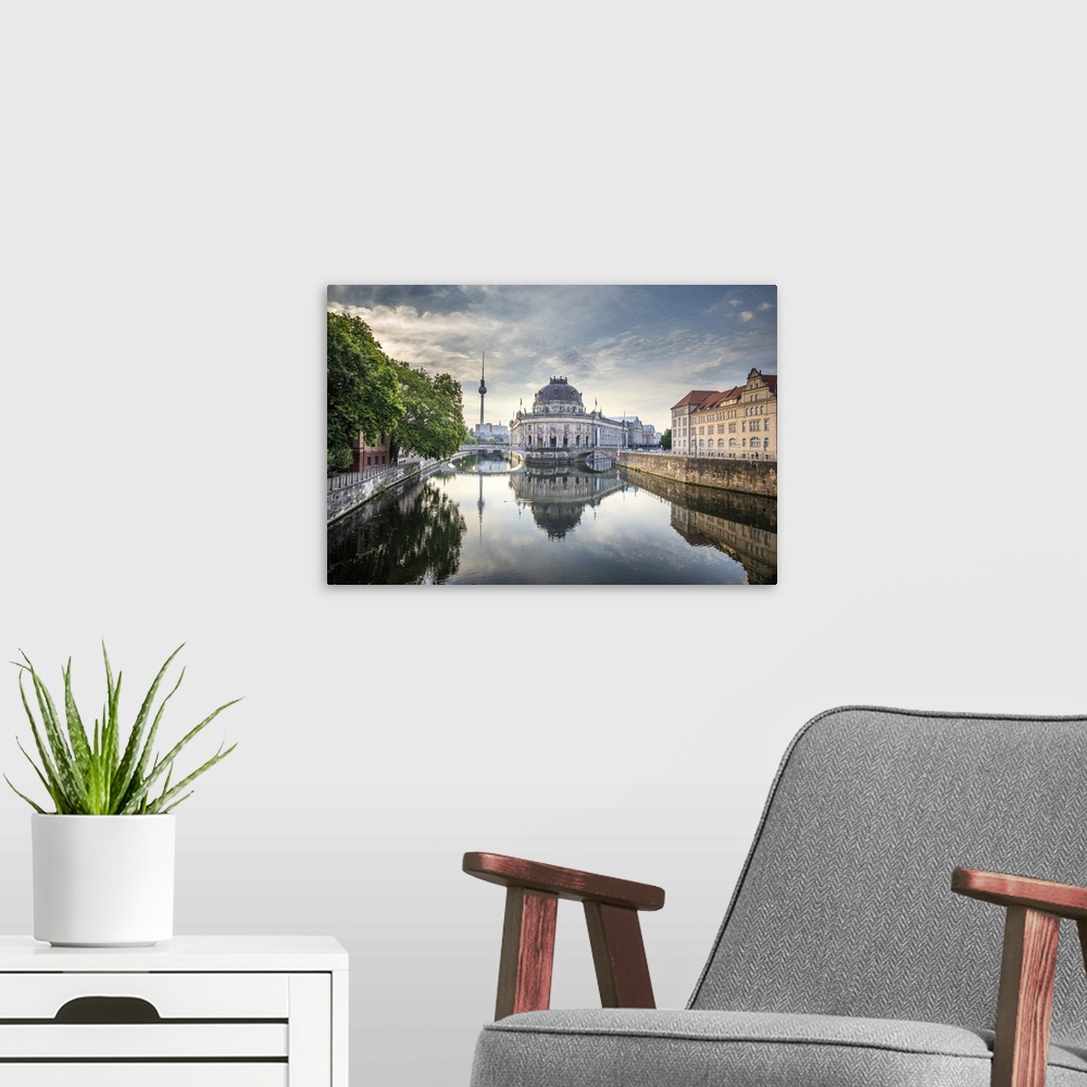 A modern room featuring Germany, Berlin, Museum Island, Spree River, baroque style Bode museum and the tv tower