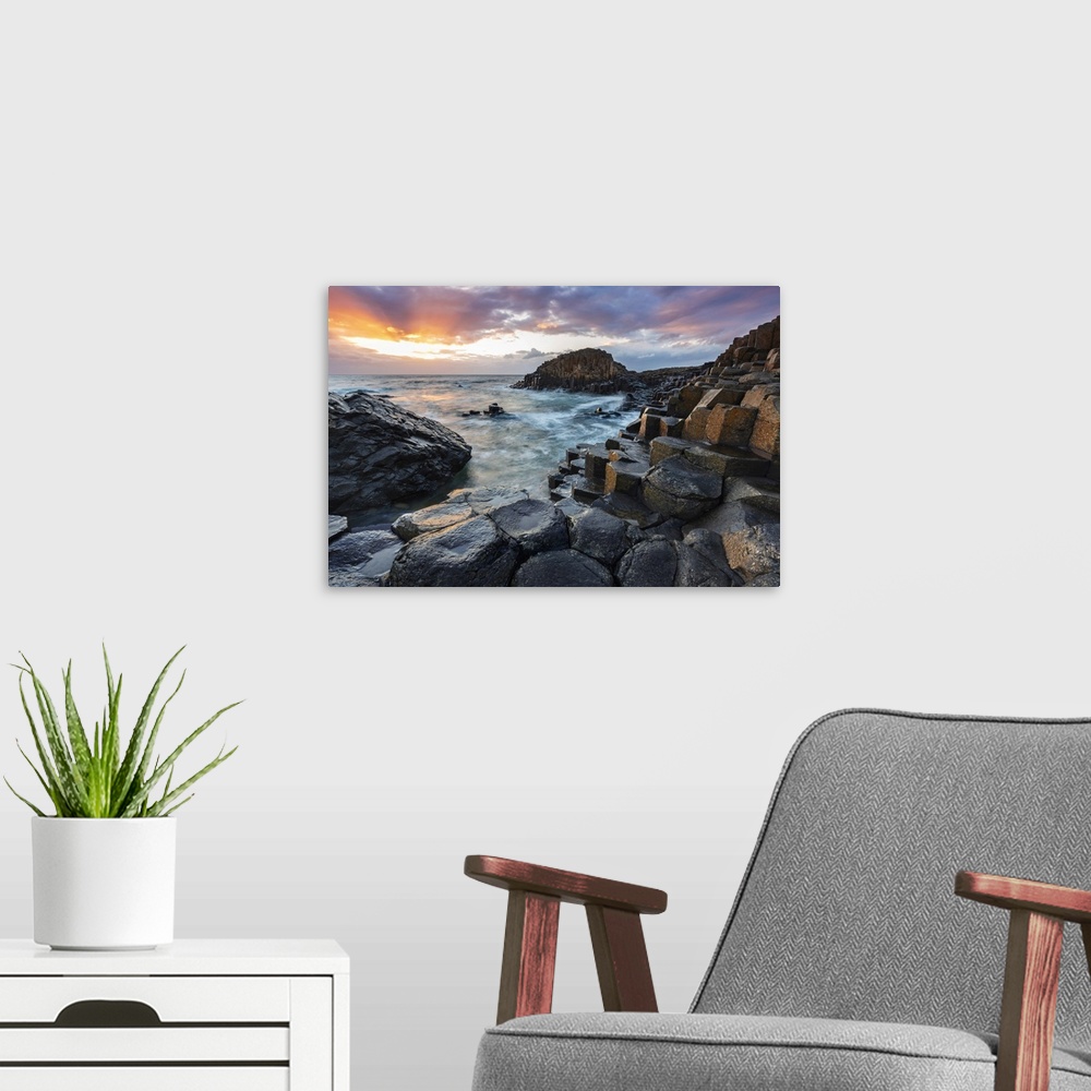 A modern room featuring Giant's Causeway at sunset, Ulster, Bushmills, County Atrim, Northern Ireland, UK