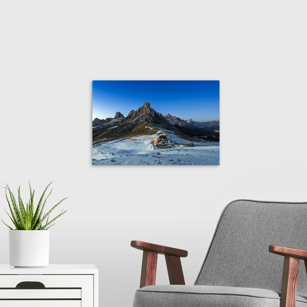 A modern room featuring Evening view over Giau Pass (or Passo Giau) high mountain pass in the Dolomites, Veneto, Italy