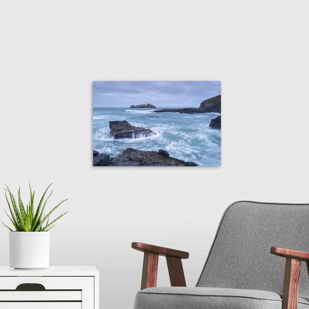 A modern room featuring Godrevy Lighthouse on the Cornish coast, Cornwall, England